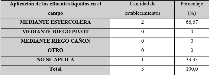 Tipo de aplicación de los efluentes
  en campo de productores pequeños