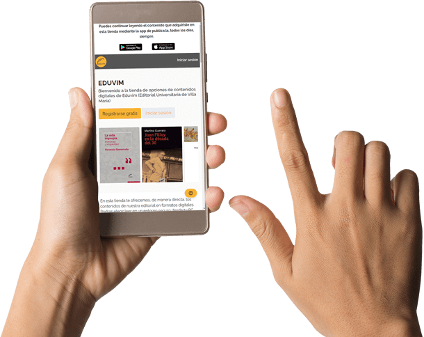 Manos comprando con smartphone en tienda de libros digitales de EDUVIM